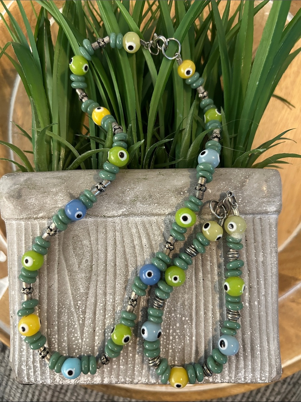 Glass Beaded Evil Eye necklace and Bracelet set green blue silver yellow black